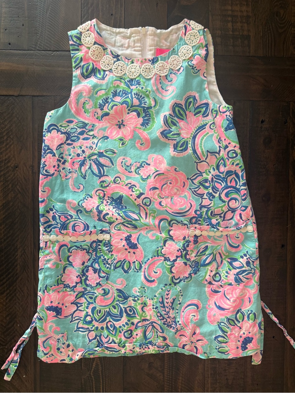 Lilly Pulitzer Aqua & Pink Floral Girls Dress with Embroidered Trim